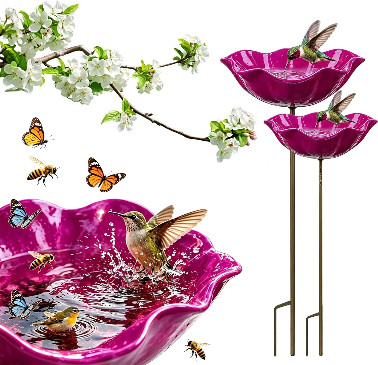 2026 New Metal Flower Garden Stakes Bird Bath, Handmade Metal Flower Garden Stake, Butterfly Feeders for Outdoors with Bee Bath & Bird Water Bowl (Pink, 2PCS)
