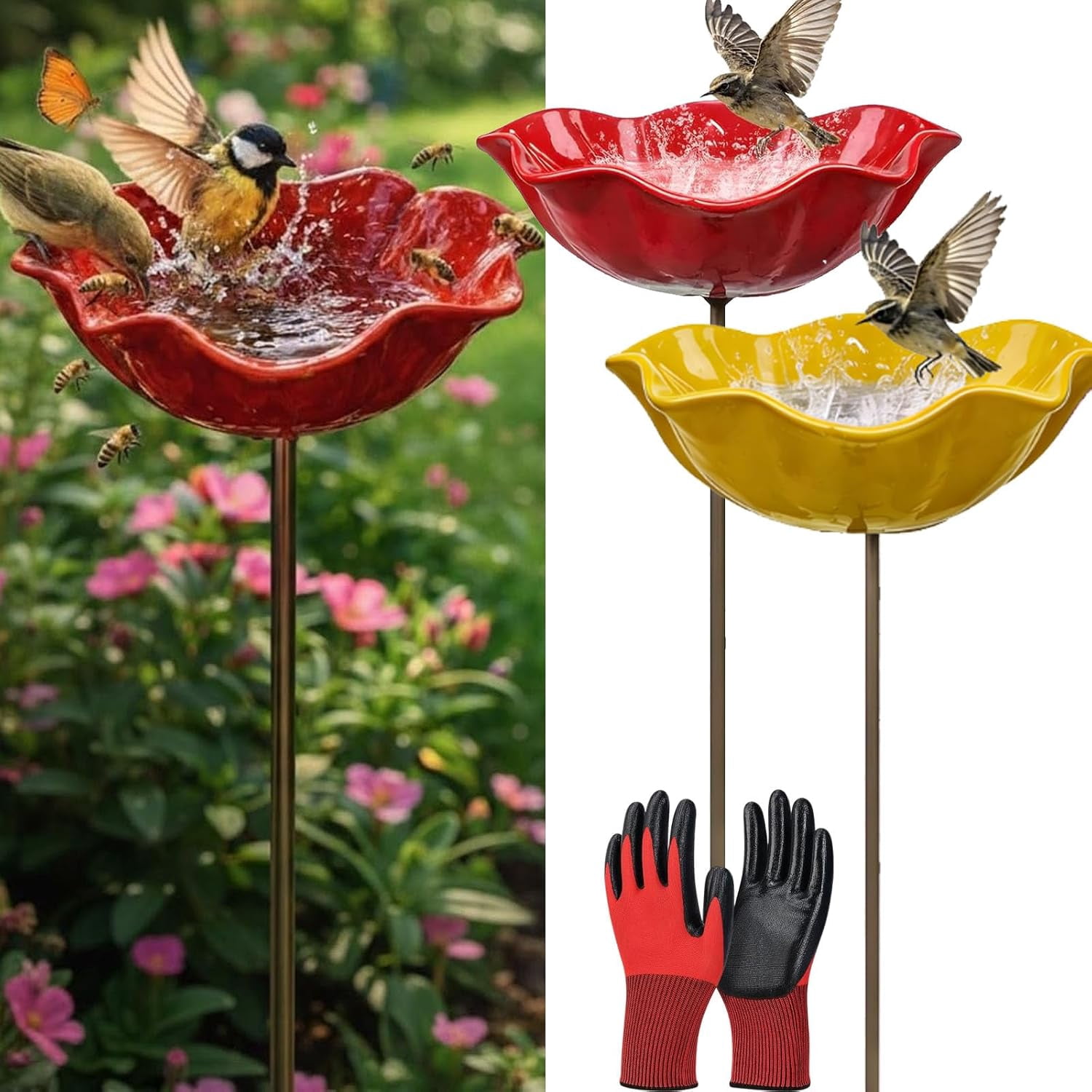 2026 New Metal Flower Garden Stakes Bird Bath, Handmade Metal Flower Garden Stake, Butterfly Feeders for Outdoors with Bee Bath & Bird Water Bowl (Red+Yellow)