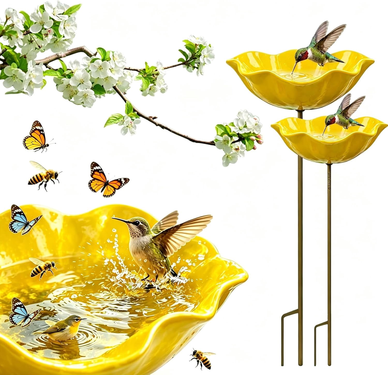 2026 New Metal Flower Garden Stakes Bird Bath, Handmade Metal Flower Garden Stake, Butterfly Feeders for Outdoors with Bee Bath & Bird Water Bowl (Yellow, 2PCS)