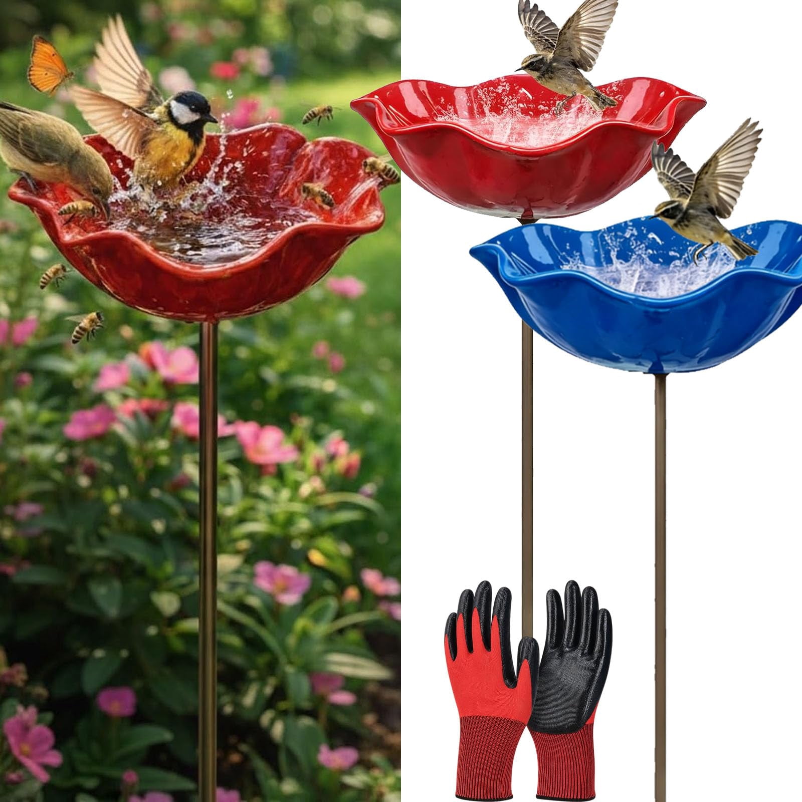 2026 New Metal Flower Garden Stakes Bird Bath, Handmade Metal Flower Garden Stake, Butterfly Feeders for Outdoors with Bee Bath & Bird Water Bowl
