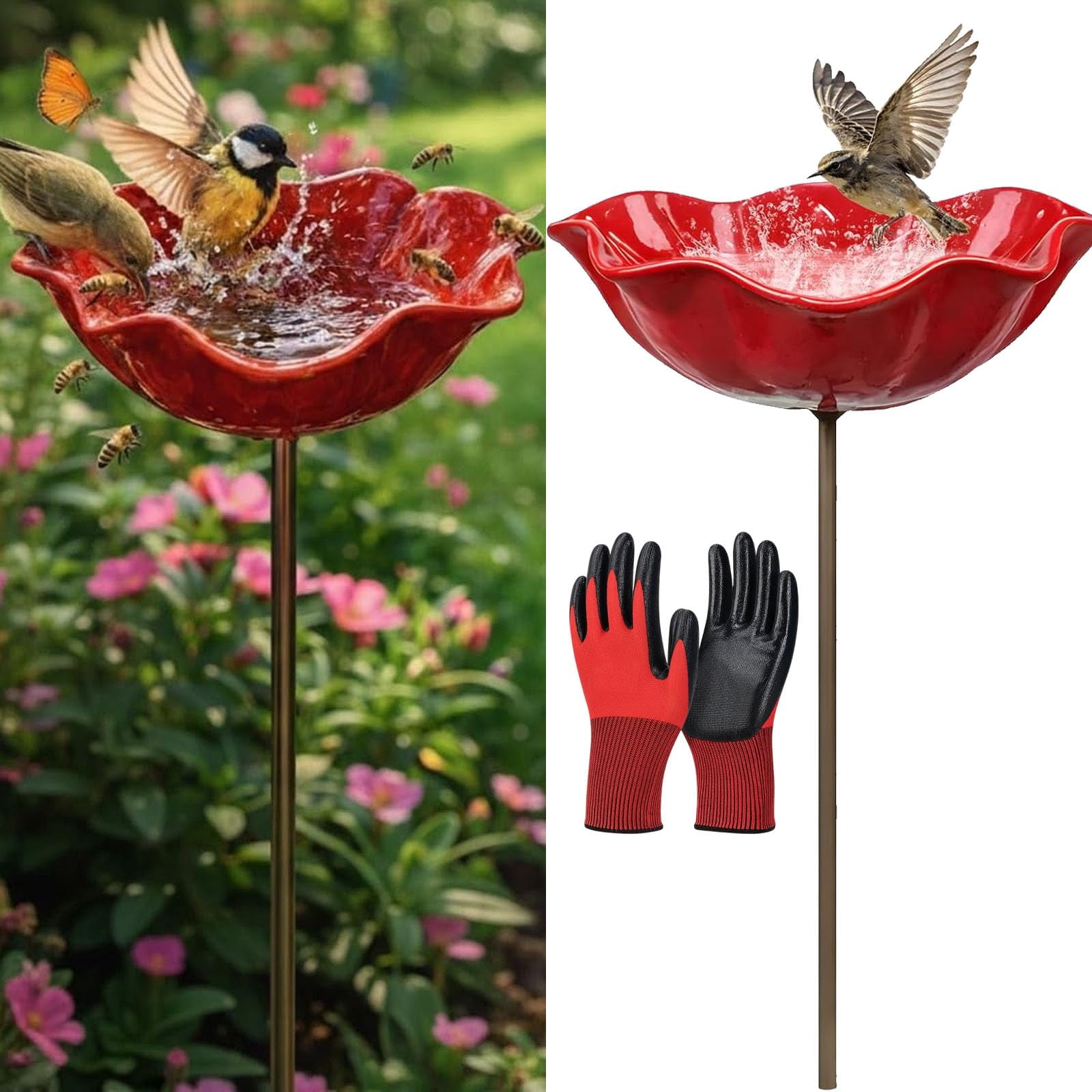 2026 New Metal Flower Garden Stakes Bird Bath, Handmade Metal Flower Garden Stake, Butterfly Feeders for Outdoors with Bee Bath & Bird Water Bowl