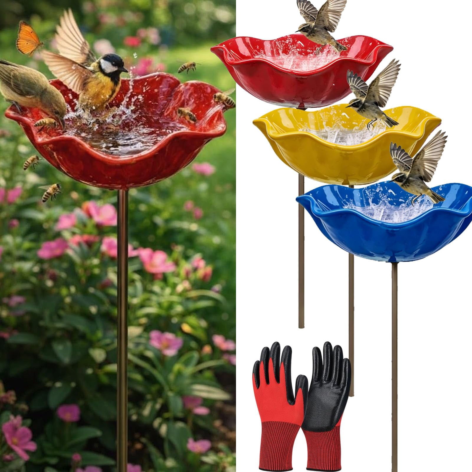 2026 New Metal Flower Garden Stakes Bird Bath, Handmade Metal Flower Garden Stake, Butterfly Feeders for Outdoors with Bee Bath & Bird Water Bowl
