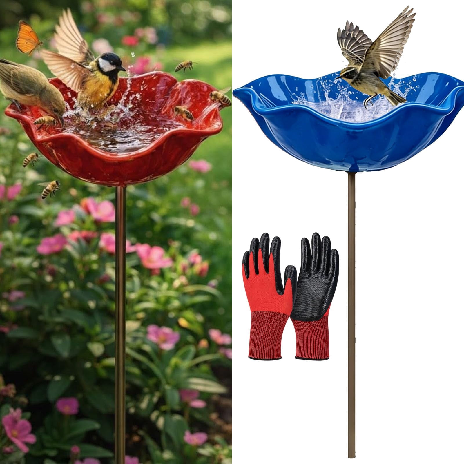 2026 New Metal Flower Garden Stakes Bird Bath, Handmade Metal Flower Garden Stake, Butterfly Feeders for Outdoors with Bee Bath & Bird Water Bowl