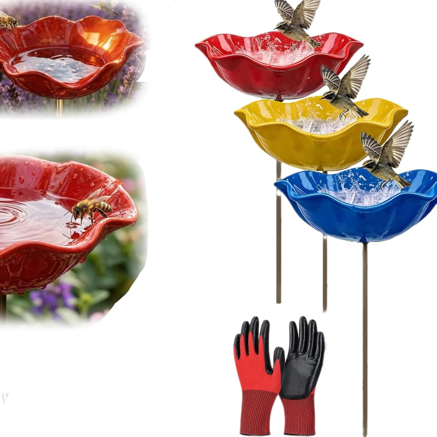 2026 New Metal Flower Garden Stakes Bird Bath, Handmade Mini Birdbath Flower Stake, Butterfly Bee Bath Bowl for Outdoor Lawn Yard Decor (Blue+Yellow+Red)