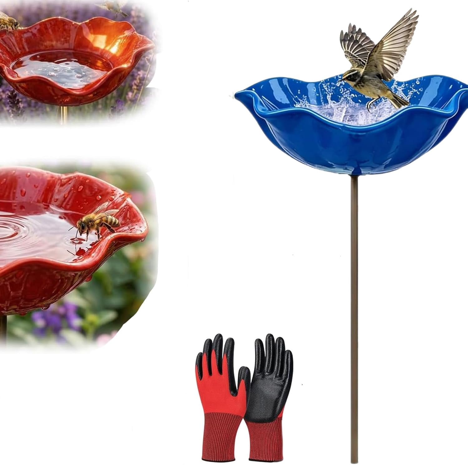 2026 New Metal Flower Garden Stakes Bird Bath, Handmade Mini Birdbath Flower Stake, Butterfly Bee Bath Bowl for Outdoor Lawn Yard Decor (Blue)