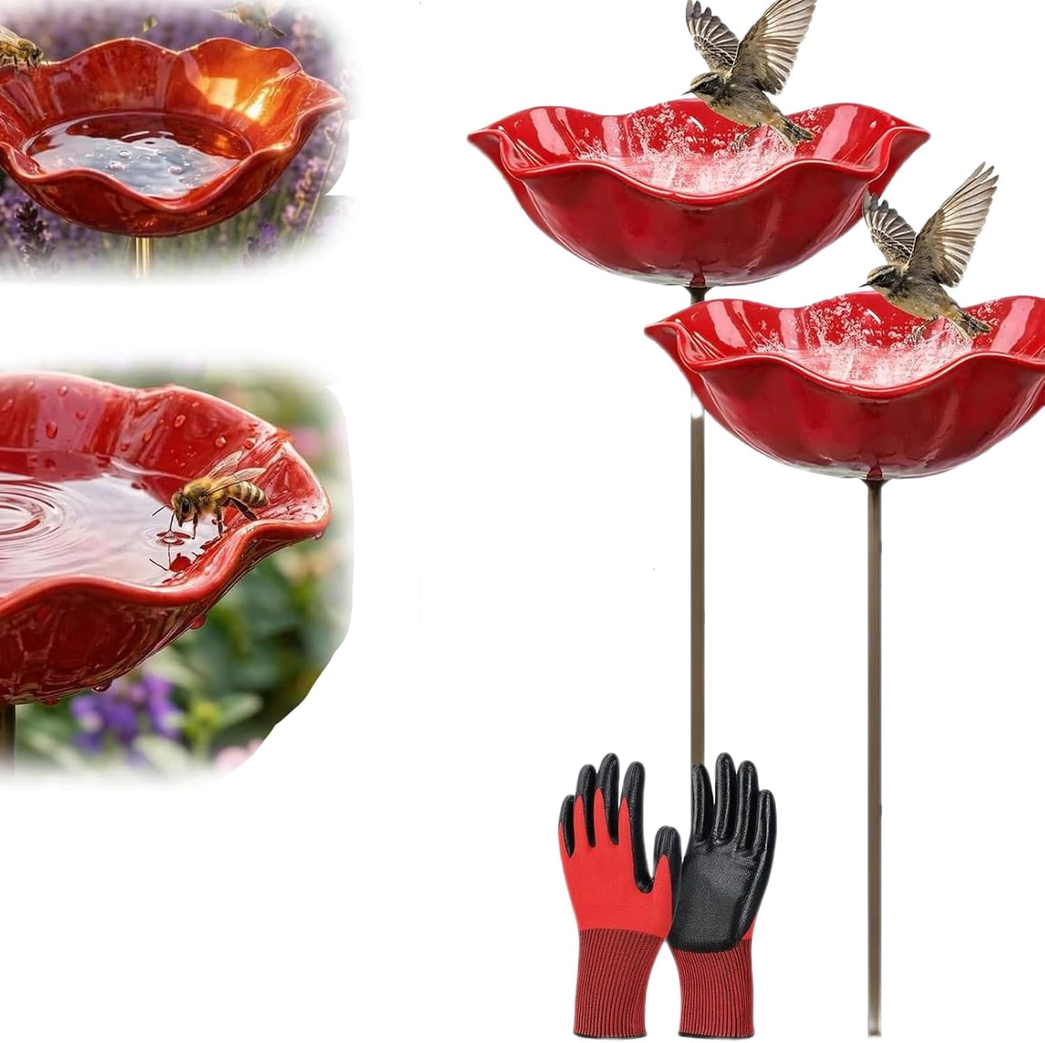 2026 New Metal Flower Garden Stakes Bird Bath, Handmade Mini Birdbath Flower Stake, Butterfly Bee Bath Bowl for Outdoor Lawn Yard Decor (Red)