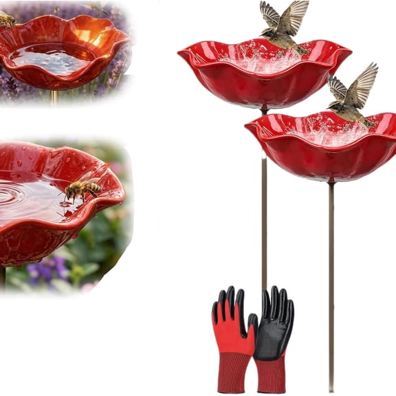 2026 New Metal Flower Garden Stakes Bird Bath, Handmade Mini Birdbath Flower Stake, Butterfly Bee Bath Bowl for Outdoor Lawn Yard Decor (Red)