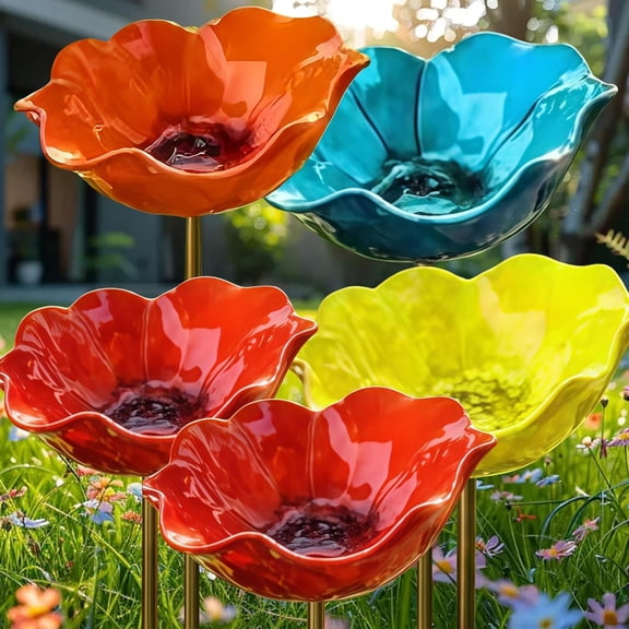 2026 New Metal Flower Garden Stakes Bird Bath,Upgraded Handmade Metal Flower Garden Stake with Bee Bath & Bird Water Bowl,Weather-Resistant Pollinator&Mini Bird Bath (4pcs b)
