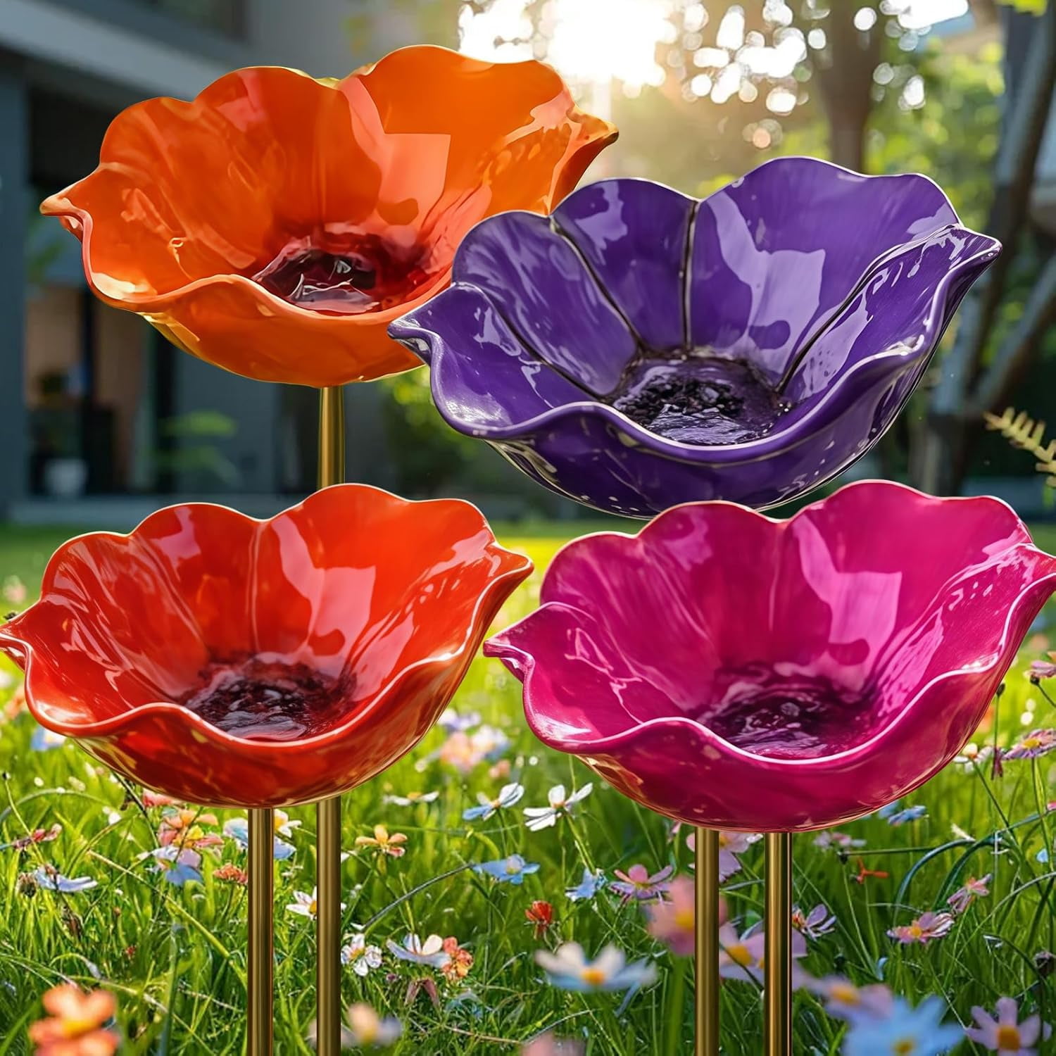 2026 New Metal Flower Garden Stakes Bird Bath,Upgraded Handmade Metal Flower Garden Stake with Bee Bath & Bird Water Bowl,Weather-Resistant Pollinator＆Mini Bird Bath (4pcs a)