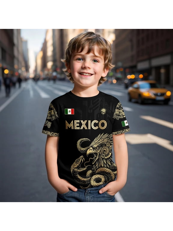 2026 New Mexico Soccer Jersey Boys, Printed Mexico National Team Design, Mexican Jersey Soccer T-Shirt, Boys Crew Neck Short Sleeve Match Day Athletic Casual Football Shirt for Kids
