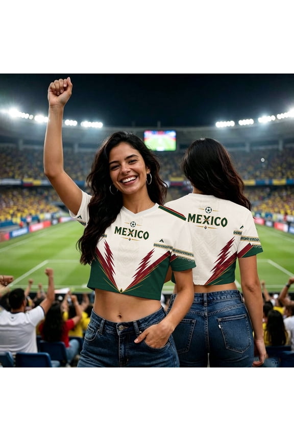 2026 New Mexico Soccer Jersey Women for Fans, Mexican Jersey Soccer Crop Top, Jersey De Mexico V-Neck Short Sleeve Football Apparel Outdoor Training Daily T Shirt for Adult