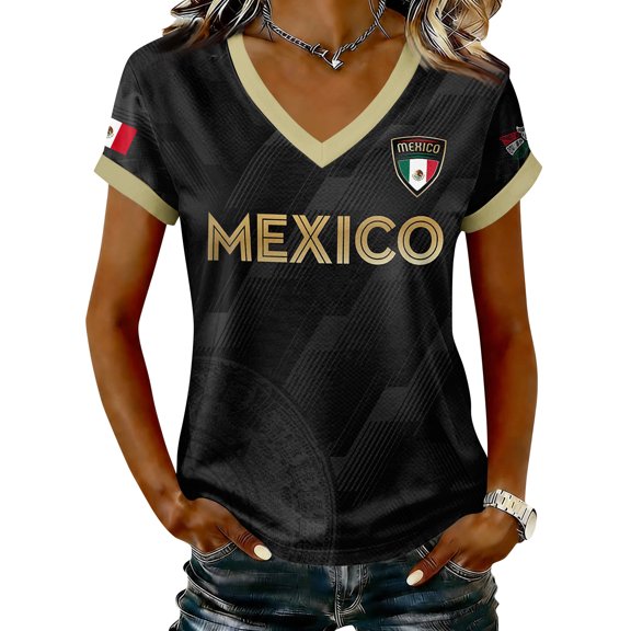 2026 New Mexico Soccer Jersey Women, Mexican Jersey Soccer T-Shirt, Soccer Jersey 2D Graphic V-Neck Short Sleeve Football Tee, Casual Daily Sport Top for Adult