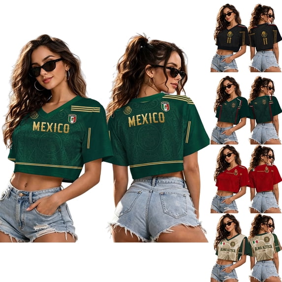 2026 New Mexico Soccer Jersey Women, Printed Mexico National Team Design, Mexican Jersey Soccer Crop Top, Mens V-Neck Short Sleeve Match Day Athletic Casual Football Shirt for Adult