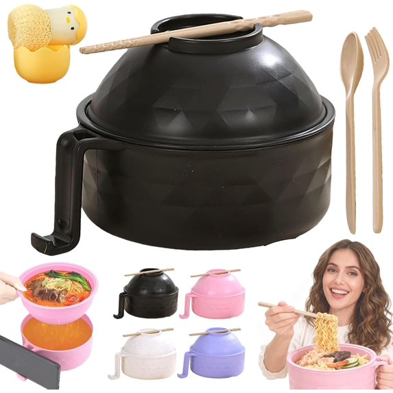 2026 New Microwave Safe Ramen Bowl, Ramen Cooker Ramen Bowl Set with Chopsticks with Chopsticks, Lids and Handles, Instant Noodle Cooker Bowl, College Dorm Room Office Apartment Essentials (Pink)