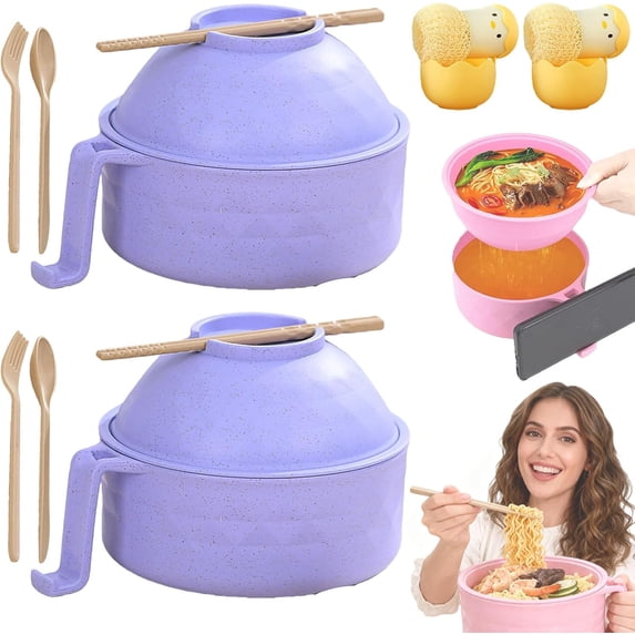 2026 New Microwave Safe Ramen Bowl, Ramen Cooker Ramen Bowl Set with Chopsticks with Chopsticks, Lids and Handles, Instant Noodle Cooker Bowl, College Dorm Room Office Apartment Essentials (Pink)