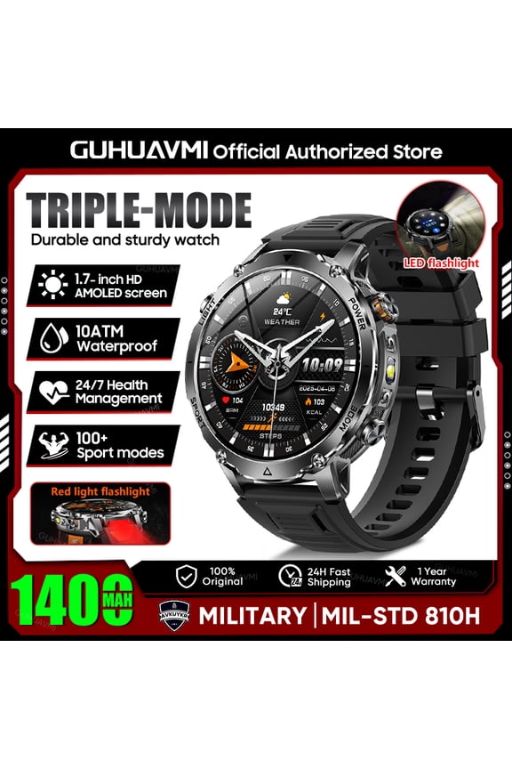 2026 New Military 1400mAh Battery Smart Watch Men Outdoor Flashlight 10ATM Waterproof Heart Rate Bluetooth Call Sports Bracelets