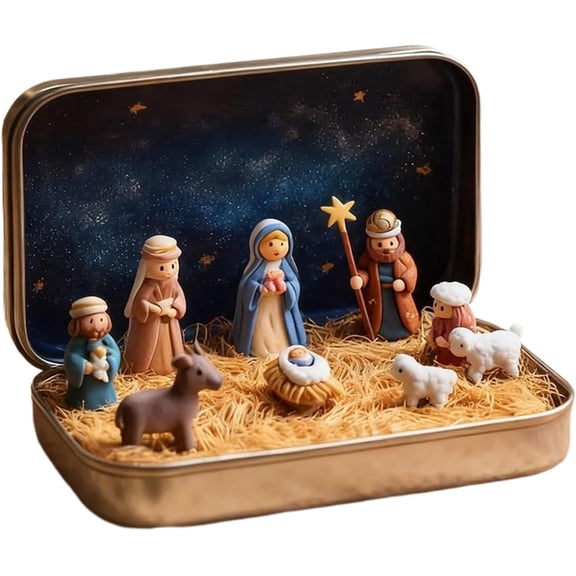 2026 New Mini Christmas & Easter Nativity Set in a Tin Box - Mini Easter Jesus Classic Scenes - Small Pocket Nativity Sets & Figures, Easter Decoration Indoor for Home Gifts Decor