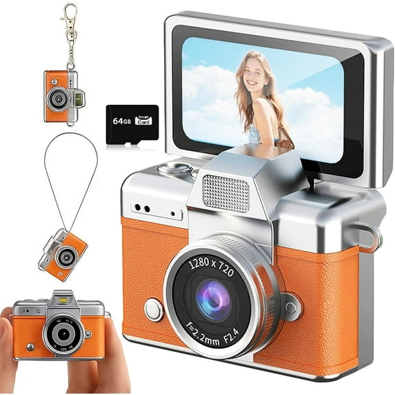 2026 New Mini Digital Camera with 1.47 in LCD Screen 1080P, Mini Keychain Retro Camera with 64GB Card - Flip Screen, Built-in Flash, Strap and Keychain - Ideal for Travel, Study, and Concerts