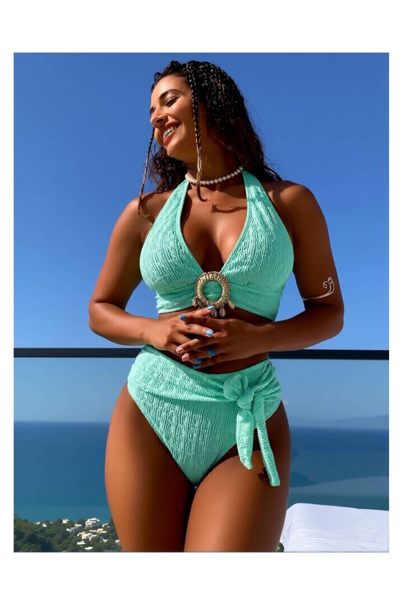 2026 New Mint Textured Halter Bikini Set - Ornamented High-Waisted Swimsuit with Stretchy Fabric
