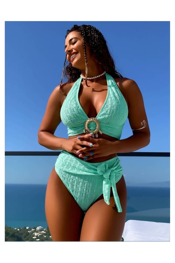 2026 New Mint Textured Halter Bikini Set - Ornamented High-Waisted Swimsuit with Stretchy Fabric