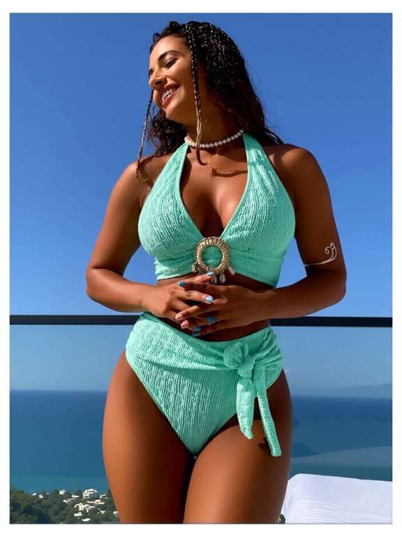 2026 New Mint Textured Halter Bikini Set - Ornamented High-Waisted Swimsuit with Stretchy Fabric