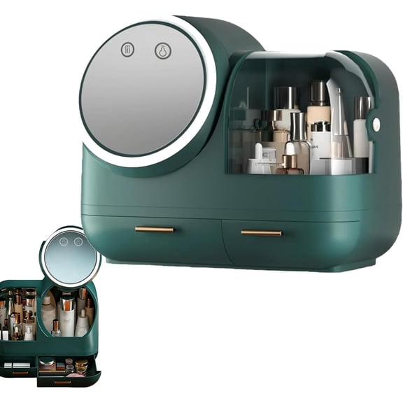 2026 New Mirror Fan Makeup Case, Large Capacity LED Light Mirror Storage Box with Practical Organizing Drawers, Valentine's Gift for Makeup Lovers (Green,Without Gentle Fan)