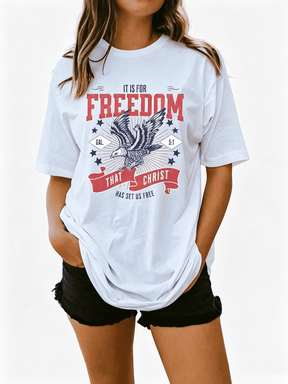 Women White Vintage Patriotic Eagle T-Shirt, Oversized Crew Neck Top for 4th of July Independence Day