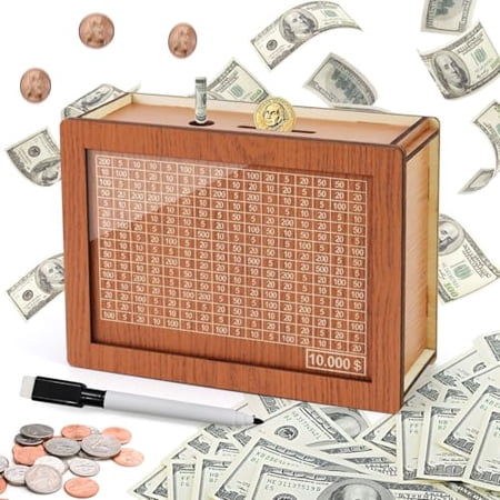 2026 New Money Saving Box 10k Cash Vault Savings Challenge Box for Adults, Wooden Piggy Bank with Money Target & Numbers,Money Box for Cash Saving 10000 Dollar, Birthday Xmas Gifts(Goal/10000)