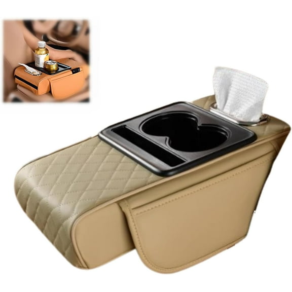 2026 New Multifunctional PU Leather Car Armrest Box Mat,5-in-1 Center Console Cover Cushion,With Cup Holder, Tissue Box & Phone Slot for Most Car Models