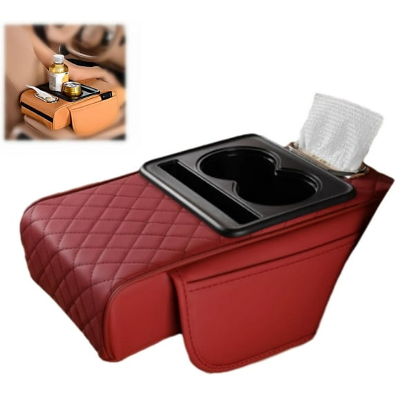 2026 New Multifunctional PU Leather Car Armrest Box Mat,5-in-1 Center Console Cover Cushion,With Cup Holder, Tissue Box & Phone Slot for Most Car Models
