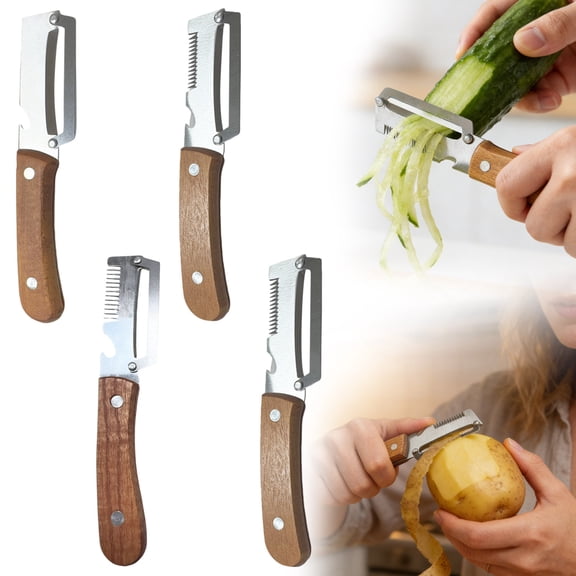 2026 New Multifunctional Vegetable Peeler, 3 in 1 Stainless Steel Peeler Knife with Wooden Handle, Ultra Sharp Zero Flex Peeler Kitchen Gadgets for Peeling Shredding Bottle Opening