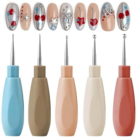 2026 New Nail Dotting Pen Set - 5 Interchangeable Stainless Steel Dottings Tools for Manicure Art, Rhinestone Picker, Lining, Painting, Sculpting, Salon and Home Manicure Embossing