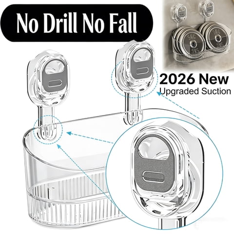2026 New No-Drill Bathroom Suction Storage Box, Large Capacity Strong Load-Bearing Suction Cup Storage Rack with Drain Holes, Removable Shower Caddy Hanging Wall Mount Kitchen Organizer (1pc, Clear)