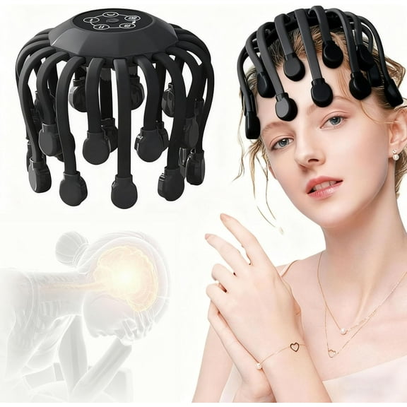 2026 New Octorelax Head Massager, Octo Relax Head Massager, Five Modes & 20 Massage Heads, Adjustable 360° Hands-Free Scalp, Smart Timing, 15min to Stress Relax& Sleep Aid (Black)