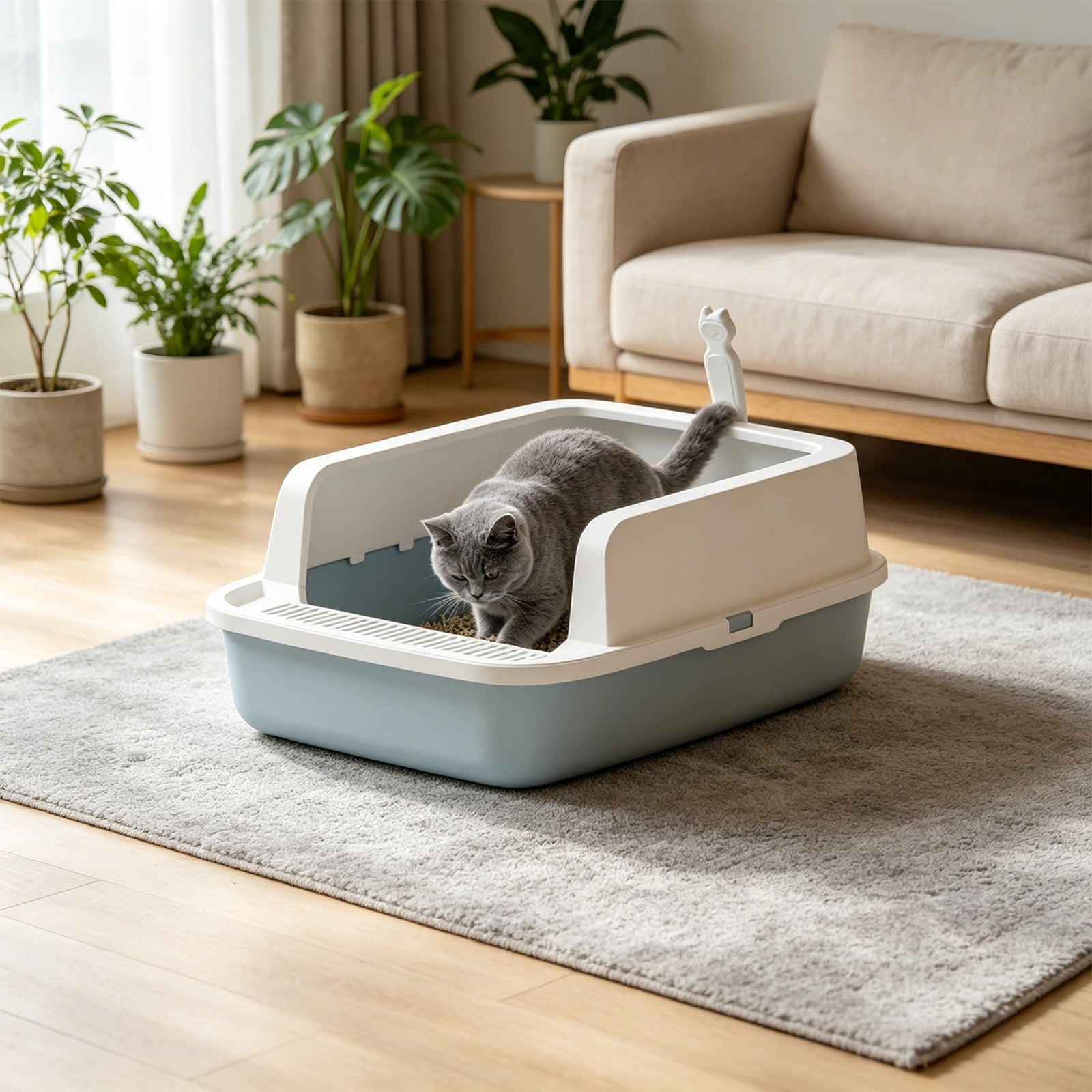 2026 New Open Top Cat Litter Box, High Wall Semi Enclosed Pet Litter Tray for Home Living Room, Non Slide Bottom & Easy to Clean, 15.75x11.81x6.69in Blue
