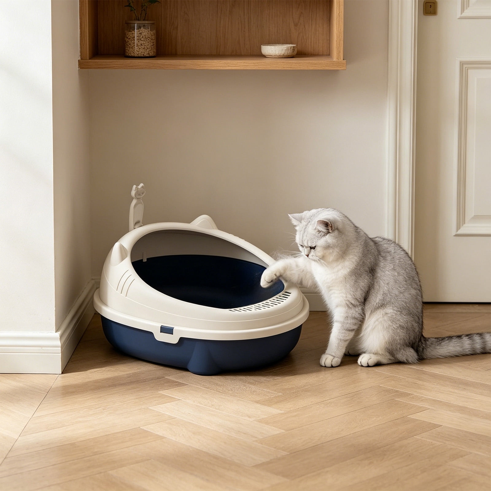 2026 New Open Top Cat Litter Box, High Wall Semi Enclosed Pet Litter Tray for Home Living Room, Non Slide Bottom & Easy to Clean, 16.54x14.17x6.69in Blue