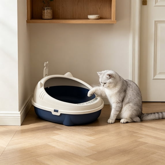 2026 New Open Top Cat Litter Box, High Wall Semi Enclosed Pet Litter Tray for Home Living Room, Non Slide Bottom & Easy to Clean, 16.54x14.17x6.69in Blue