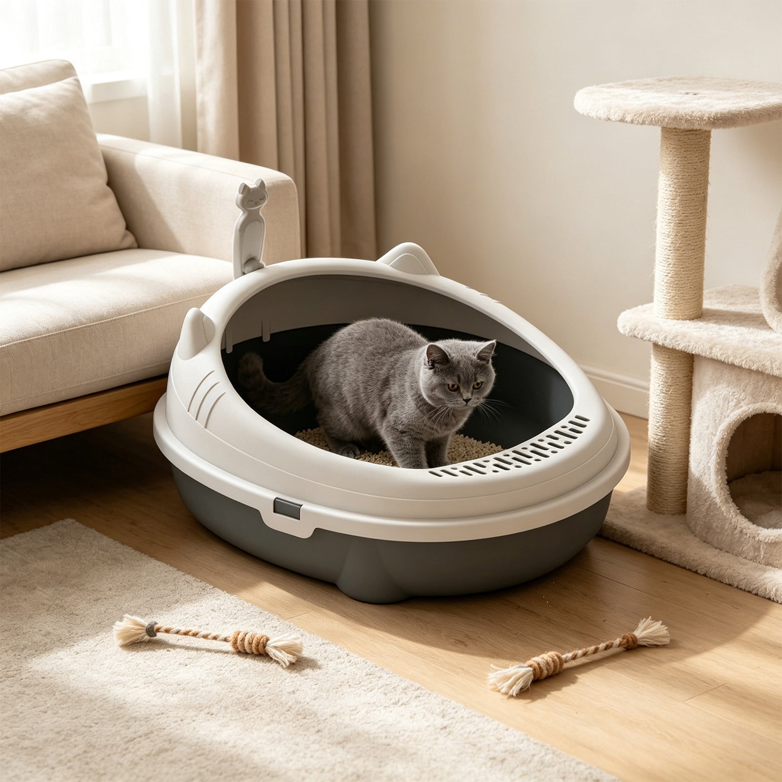 2026 New Open Top Cat Litter Box, High Wall Semi Enclosed Pet Litter Tray for Home Living Room, Non Slide Bottom & Easy to Clean, 16.54x14.17x6.69in Gray