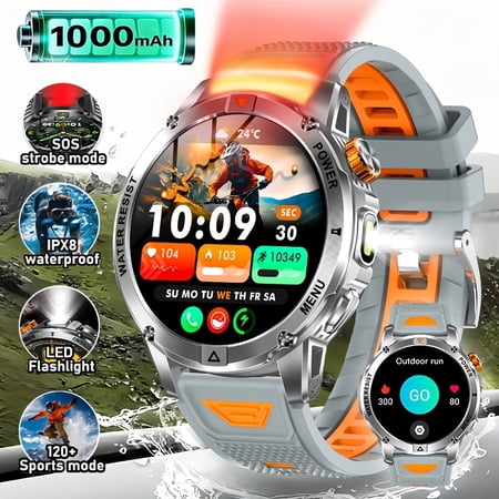 2026 New Outdoor Smartwatch, 1.53" Screen, Dual LED Flashlight (SOS Red+White), 1000mAh Battery, 100-Day Standby, 120+ Sports Modes, Wireless Call, Voice Assistant