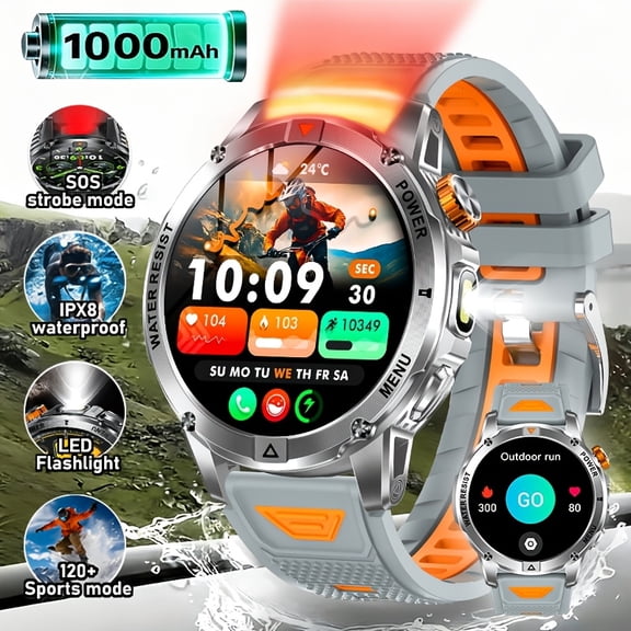 2026 New Outdoor Smartwatch, 1.53" Screen, Dual LED Flashlight (SOS Red+White), 1000mAh Battery, 100-Day Standby, 120+ Sports Modes, Wireless Call, Voice Assistant