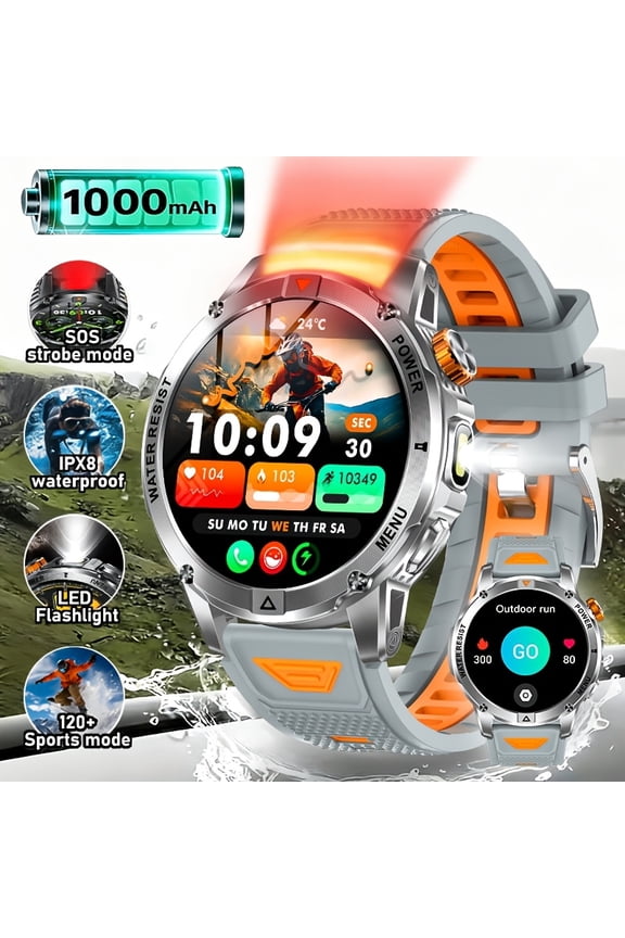 2026 New Outdoor Smartwatch, 1.53" Screen, Dual LED Flashlight (SOS Red+White), 1000mAh Battery, 100-Day Standby, 120+ Sports Modes, Wireless Call, Voice Assistant