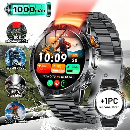 2026 New Outdoor Smartwatch, 1.53" Screen, Dual LED Flashlight (SOS Red+White), 1000mAh Battery, 100-Day Standby, 120+ Sports Modes, Wireless Call, Voice Assistant