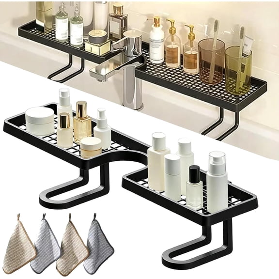 2026 New Over-the-Faucet Sink Organizer Shelf, No-Drill Freestanding Faucet Storage Rack with Easy Drainage, Space-Saving Countertop Organizer for Kitchen Sink & Bathroom Vanity (Black, 19.7in)
