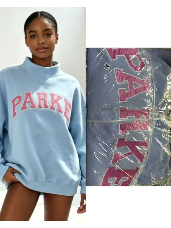 2026 New PARKE Letter Embroidered Cotton Sweatshirt, Loose Drop Shoulder Pullover Top, Vintage College Style Half Turtleneck Sweatshirt