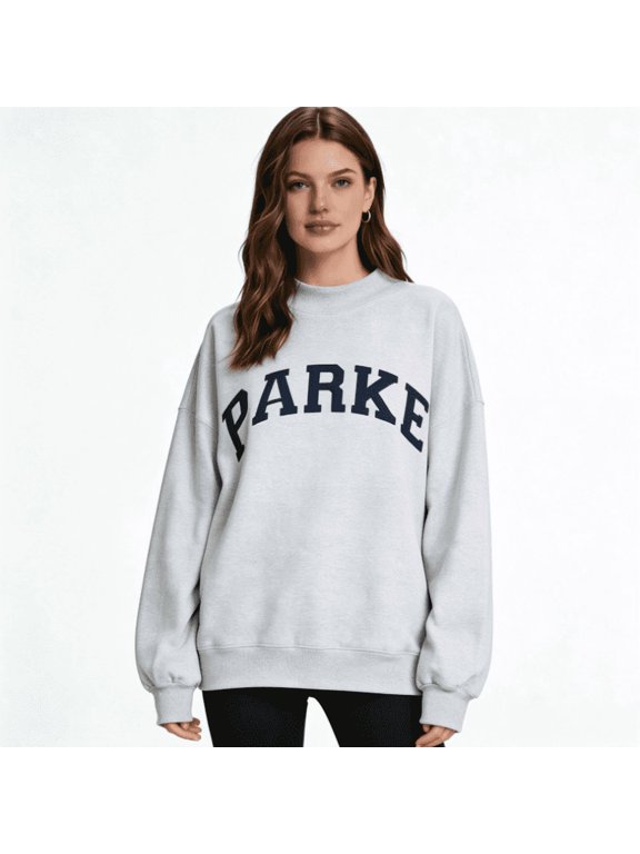 2026 New PARKE Letter Embroidered Cotton Sweatshirt, Loose Drop Shoulder Pullover Top, Vintage College Style Half Turtleneck Sweatshirt