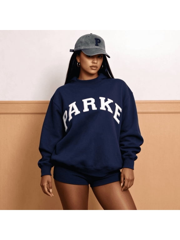 2026 New PARKE Letter Embroidered Cotton Sweatshirt, Loose Drop Shoulder Pullover Top, Vintage College Style Half Turtleneck Sweatshirt