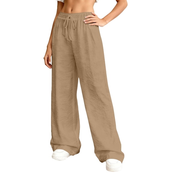 2026 New Palazzo Pants Womens Summer High Waist Boho Wide Leg Casual Flowy Pants Beach Vacation Outfits with Pockets Camel 2XL