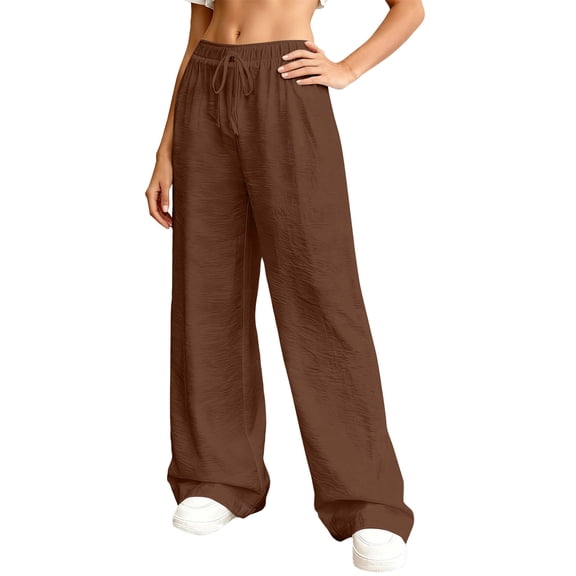 2026 New Palazzo Pants Womens Summer High Waist Boho Wide Leg Casual Flowy Pants Beach Vacation Outfits with Pockets Coffee 2XL