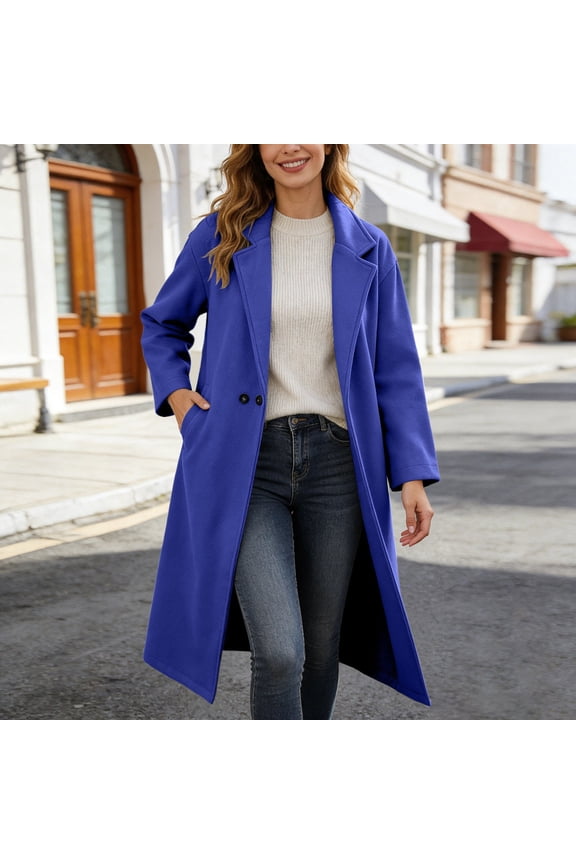 2026 New Pea Coats For Women Winter Classic Lapel Open Front Long Overcoat Comfy Wool Blend Long Sleeve Oversized Trench Coat(Blue,M)