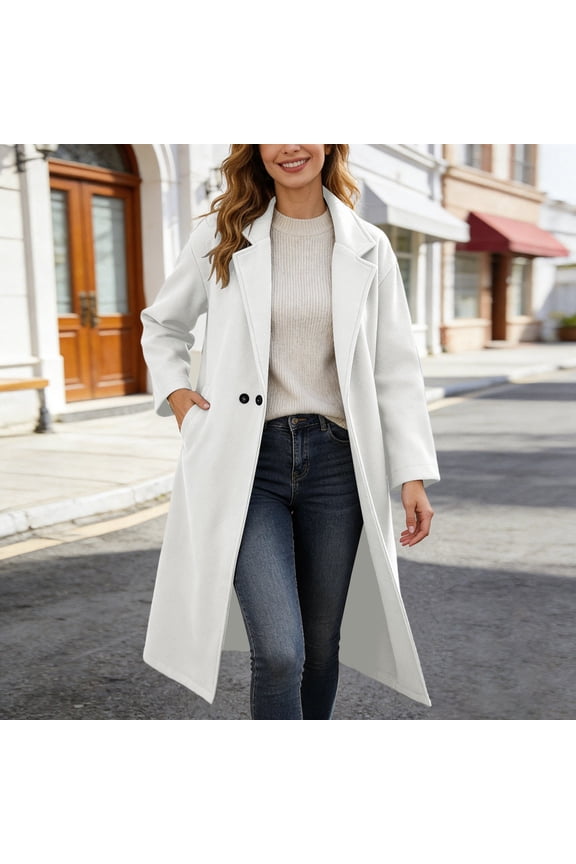 2026 New Pea Coats For Women Winter Classic Lapel Open Front Long Overcoat Comfy Wool Blend Long Sleeve Oversized Trench Coat(White,XXL)